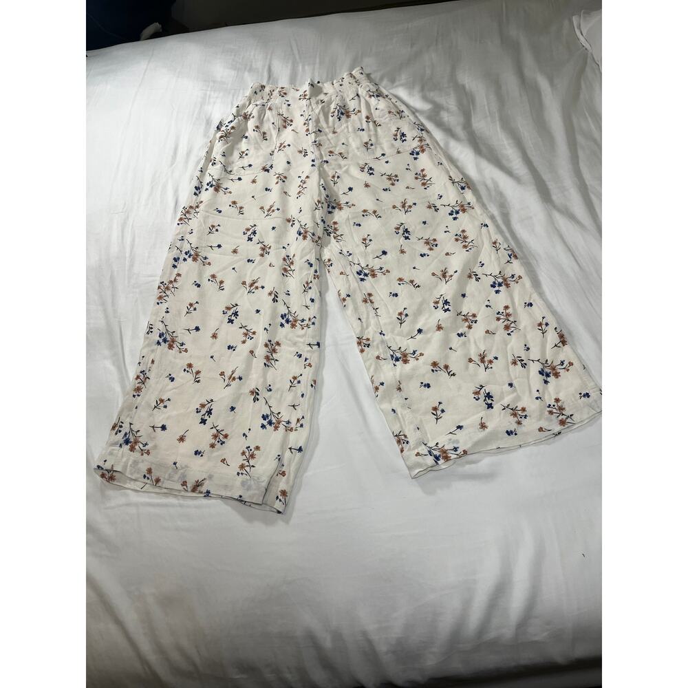 American Eagle Wide Leg Loose Pants White Floral Women's Size Medium